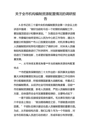 全市机构编制资源配置情况的调研报告