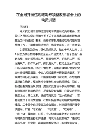 在全局开展违规吃喝专项整改部署会上的动员讲话