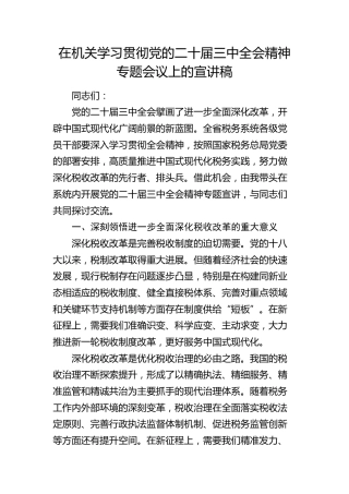 在学习贯彻二十届三中全会精神专题会议上的宣讲稿（税务党课）
