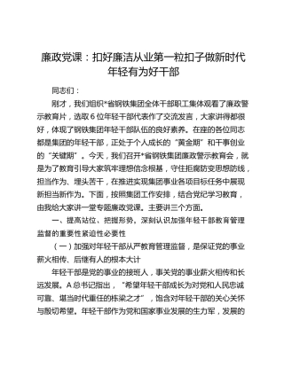 廉政党课：扣好廉洁从业第一粒扣子  做新时代年轻有为好干部15000字