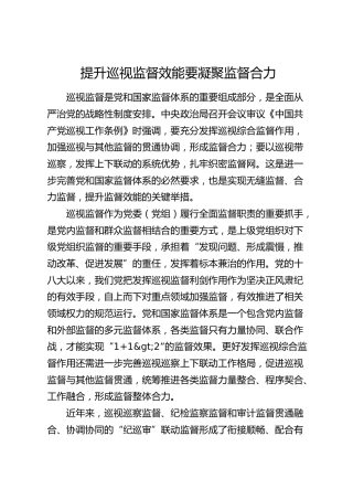 研讨发言：提升巡视监督效能要凝聚监督合力