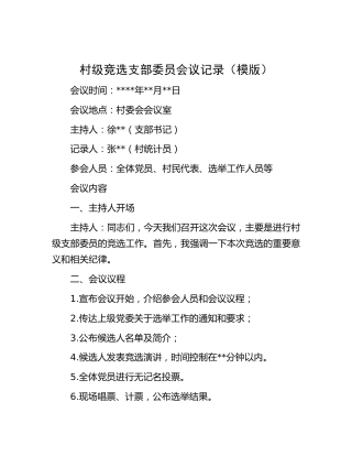 村级竞选支部委员会议记录模板