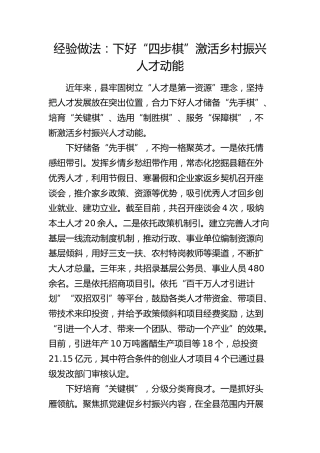 经验做法：下好“四步棋”激活乡村振兴人才动能（发言）