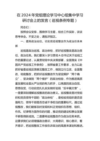 在2024年中心组集中学习研讨会上的发言（巡视条例专题）