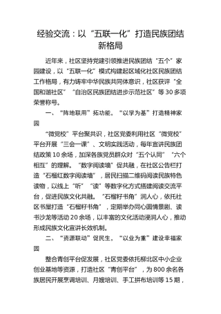 经验交流：以“五联一化”打造民族团结新格局（发言）