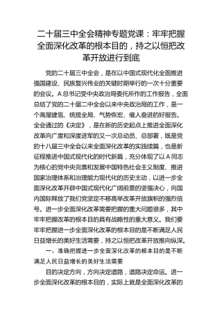 二十届三中全会精神专题党课：牢牢把握全面深化改革的根本目的，持之以恒把改革开放进行到底4500字