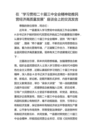 在全市“学习贯彻二十届三中全会精神 助推民营经济高质量发展”座谈会上的交流发言