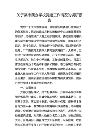 某市民办学校党建工作情况的调研报告