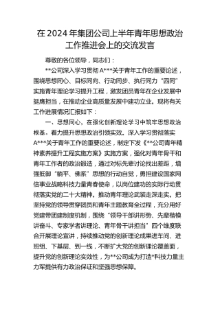 在2024年公司上半年青年思想政治工作推进会上的汇报发言（总结）