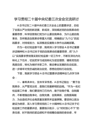 学习贯彻二十届纪委三次全会交流研讨发言（纪检心得）