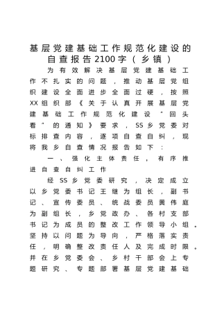 基层党建基础工作规范化建设的自查报告2100字（乡镇）