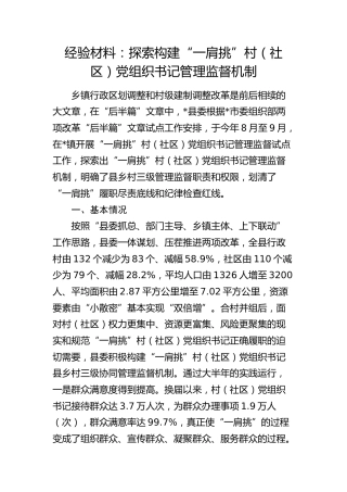 经验总结：探索构建“一肩挑”村（社区）党组织书记管理监督机制