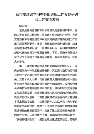 在市委中心组巡视工作专题研讨会上的交流发言