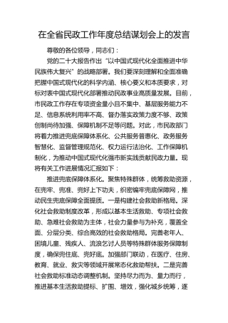 在全省民政工作年度总结谋划会上的发言