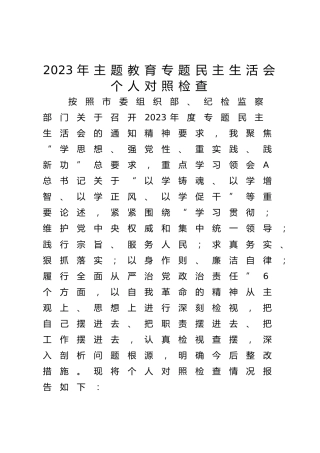 2023年主题教育专题民主生活会个人对照检查5300字