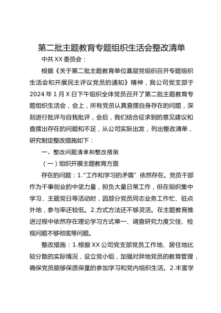 第二批主题教育专题组织生活会整改清单（3000字整改措施）
