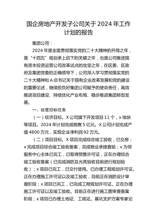 国企房地产子公司2024年工作计划的报告