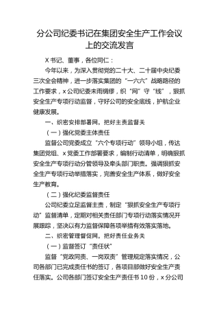 分公司纪委书记在安全生产工作会议上的交流发言