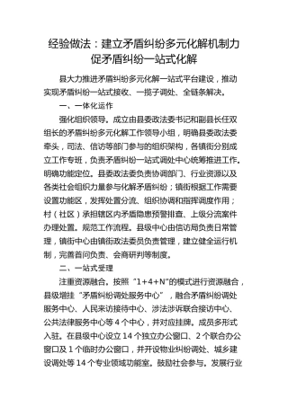 经验做法：建立矛盾纠纷多元化解机制    力促矛盾纠纷一站式化解（发言）
