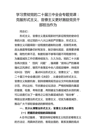 三中全会党课：克服形式主义、官僚主义 ，激励党员干部担当作为（12000字）