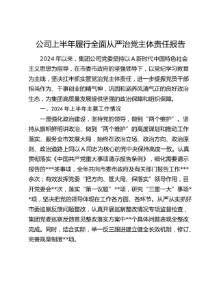 公司2024年上半年履行全面从严治党主体责任报告（3300字总结）