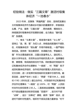 经验做法：做实“三篇文章” 激活村级集体经济“一池春水”（发言）