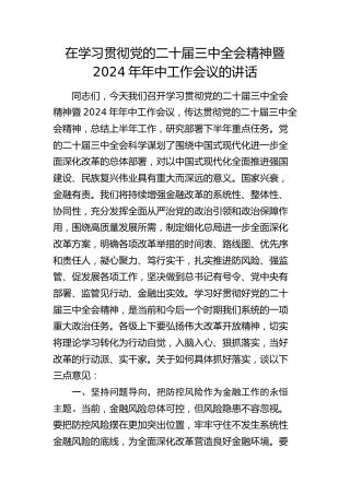 金融系统在学习贯彻二十届三中全会精神暨2024年年中工作会议的讲话