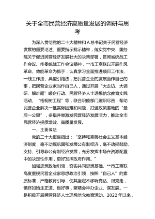 全市民营经济高质量发展的调研与思考（调研报告）