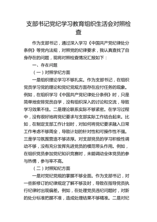 支部书记党纪学习教育专题组织生活会个人对照检查2300字