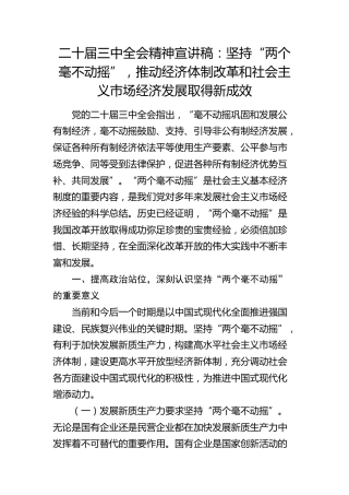 三中全会精神宣讲稿：坚持“两个毫不动摇”,推动经济体制改革和社会主义市场经济发展取得新成效（党课）
