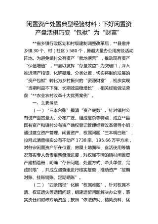 闲置资产处置典型经验：下好闲置资产盘活棋   巧变“包袱”为“财富”