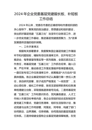2024年公司基层党建锻长板、补短板工作总结