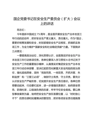 国企公司书记在安全生产委员会（扩大）会议上的讲话