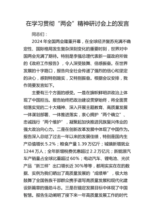 在学习贯彻2024年“两会”精神研讨会上的心得体会发言1700字