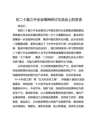 在市委理论学习中心组党的二十届三中全全会精神研讨交流会上的发言2100