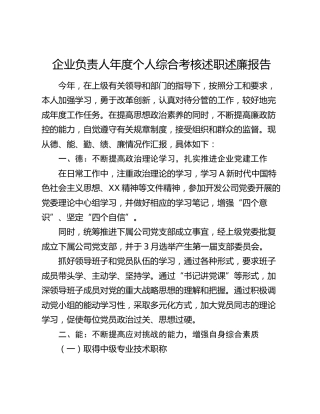 公司负责人综合考核述职述廉报告（德能勤绩廉1900字）