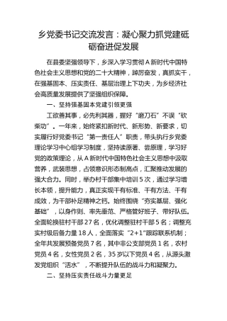 乡镇书记交流发言：凝心聚力抓党建 砥砺奋进促发展