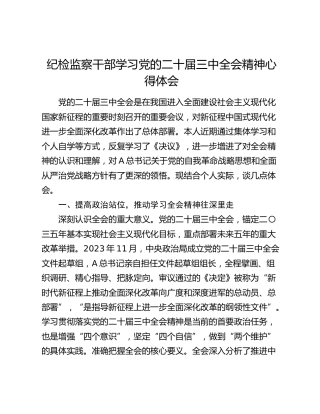 纪检监察干部学习二十届三中全会精神心得体会发言2500字