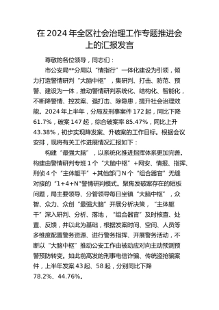 在全区社会治理工作专题推进会上的汇报发言（公安）