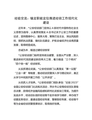 经验交流：锚定职能定位推进经侦工作现代化建设