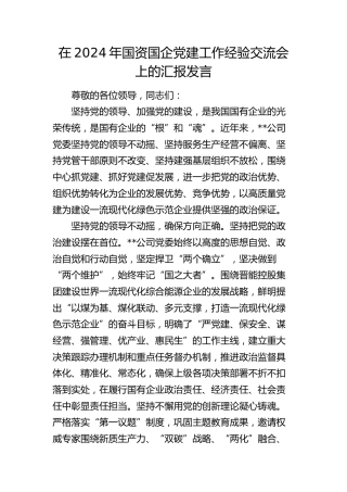 在2024年国资国企党建工作经验交流会上的汇报发言（公司）