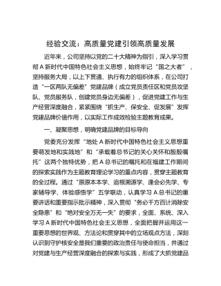 经验交流：高质量党建引领高质量发展