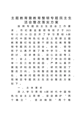 主题教育暨教育整顿专题民主生活会整改落实方案（纪委监委）