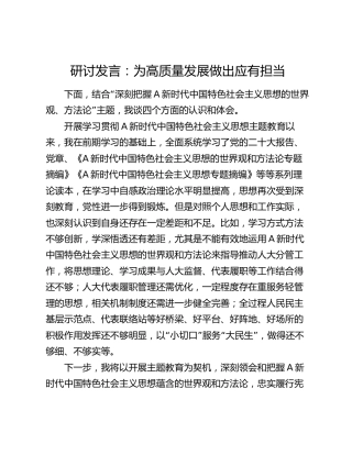 世界观、方法论研讨发言：为高质量发展做出应有担当