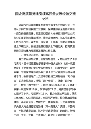 国企高质量党建引领高质量发展经验交流（公司）