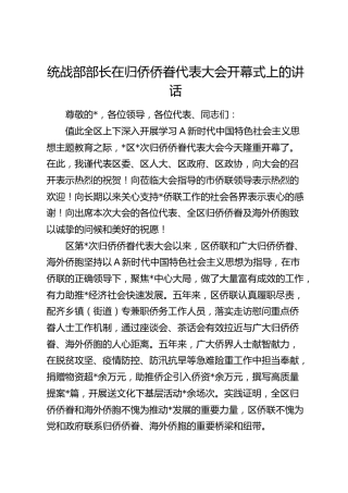 统战部部长在归侨侨眷代表大会开幕式上的讲话