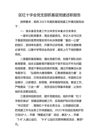 区红十字会党支部抓基层党建述职报告（（落实基层党建工作主体责任和重点任务、意识形态、党风廉政建设责任制三个方面）3100字）