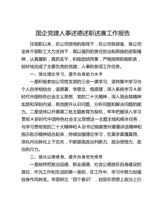 国企公司负责党建人事工作领导述德述职述廉报告（个人总结）