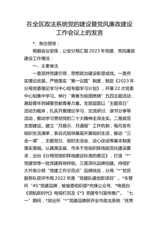 在全区政法系统党的建设暨党风廉政建设工作会议上的发言（公安）