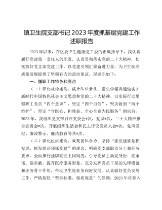 乡镇卫生院支部书记2023年度抓党建工作述职报告1900字